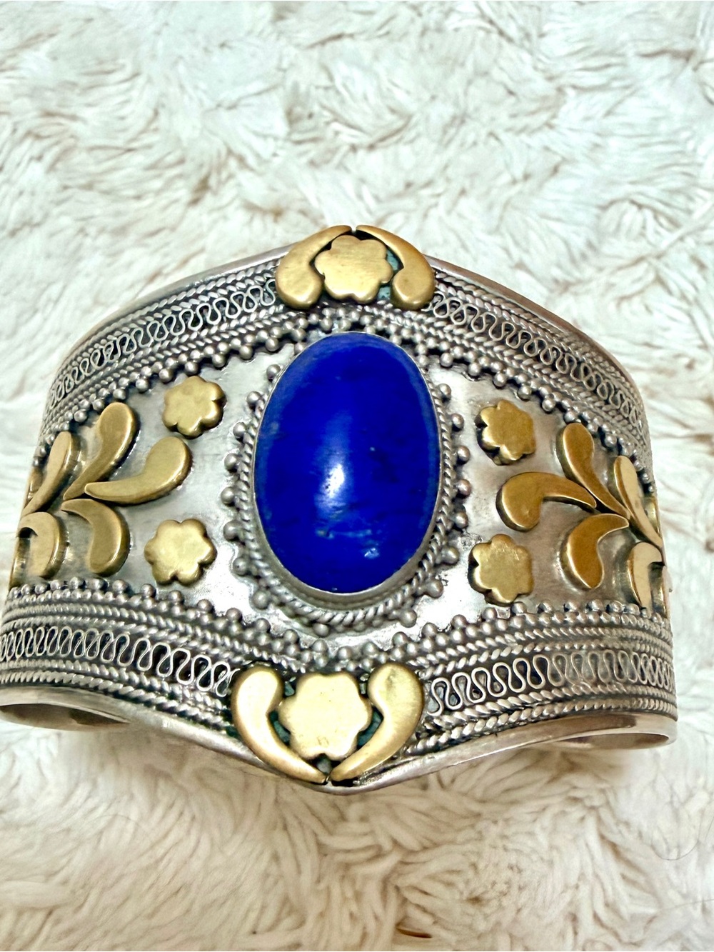 Sterling Silver .925 Cuff Bracelet with Blue Stone and Gold Accents